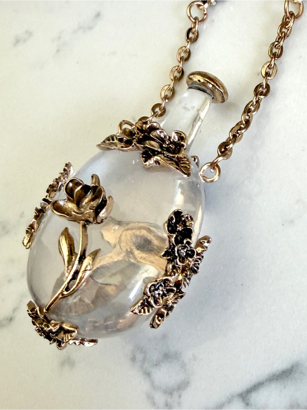Apothecary Tiny Bottle Floral Motif Gold Necklace Long Jewelry Red Bead Gift NEW - Picture 7 of 12
